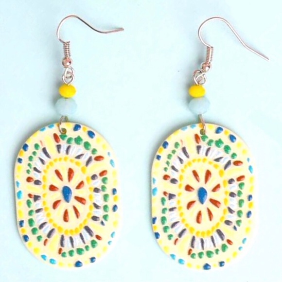 “Mosaic Tile” Bright Multicolor Colorful Oval Spanish Mexican Mesopotamia Dangle - Picture 1 of 3